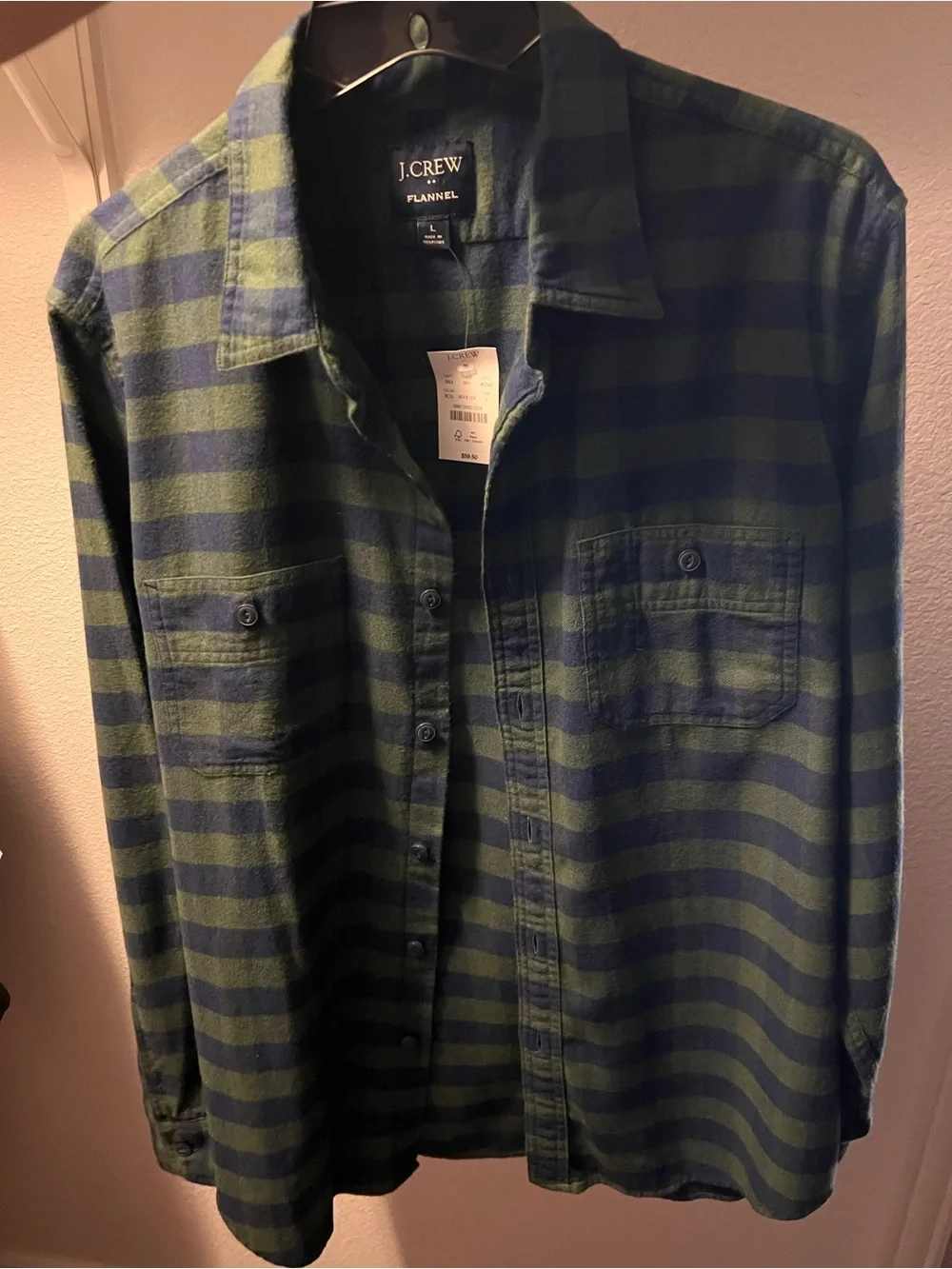 J. Crew Men’s Navy and Green Striped Flannel Button-Up Shirt